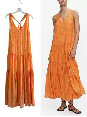 Mango Orange Tiered Midi Dress